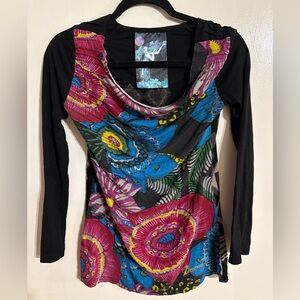 Desigual Women’s Long Sleeve Cowl Neck Tunic Top Floral Abstract Print Size M